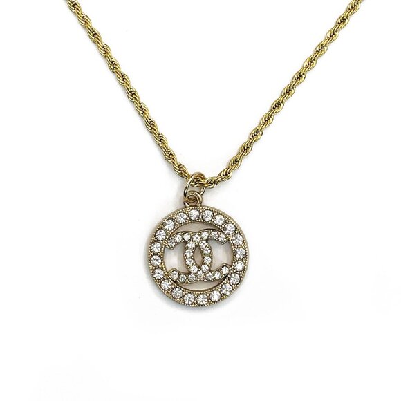 Handbags - Authentic CHANEL CC Round Rhinestone Charm Pendant Necklace Gold Plated Chain